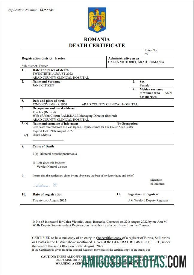 Realista modelo Word e PDF de certidão de óbito de registro vital da Romênia